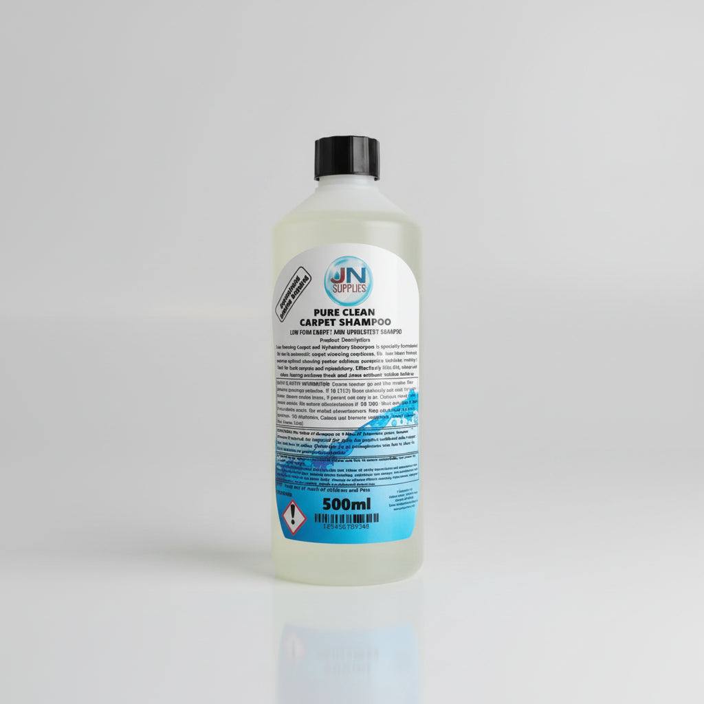 500ml and 5L bottle of JN Supplies low foam carpet shampoo concentrate