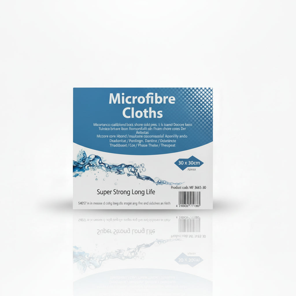 Packaging of microfibre cloths with blue and white design on a white background